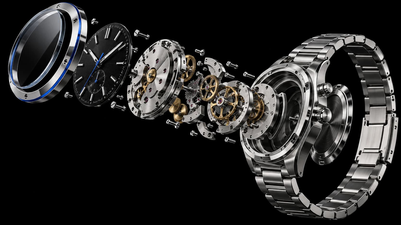 Exploded-view render of a stainless-steel wristwatch, bezel, dial, movement and bracelet separated in assembly order.
